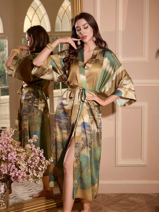 Ancient Landscape Satin Kimono Robe