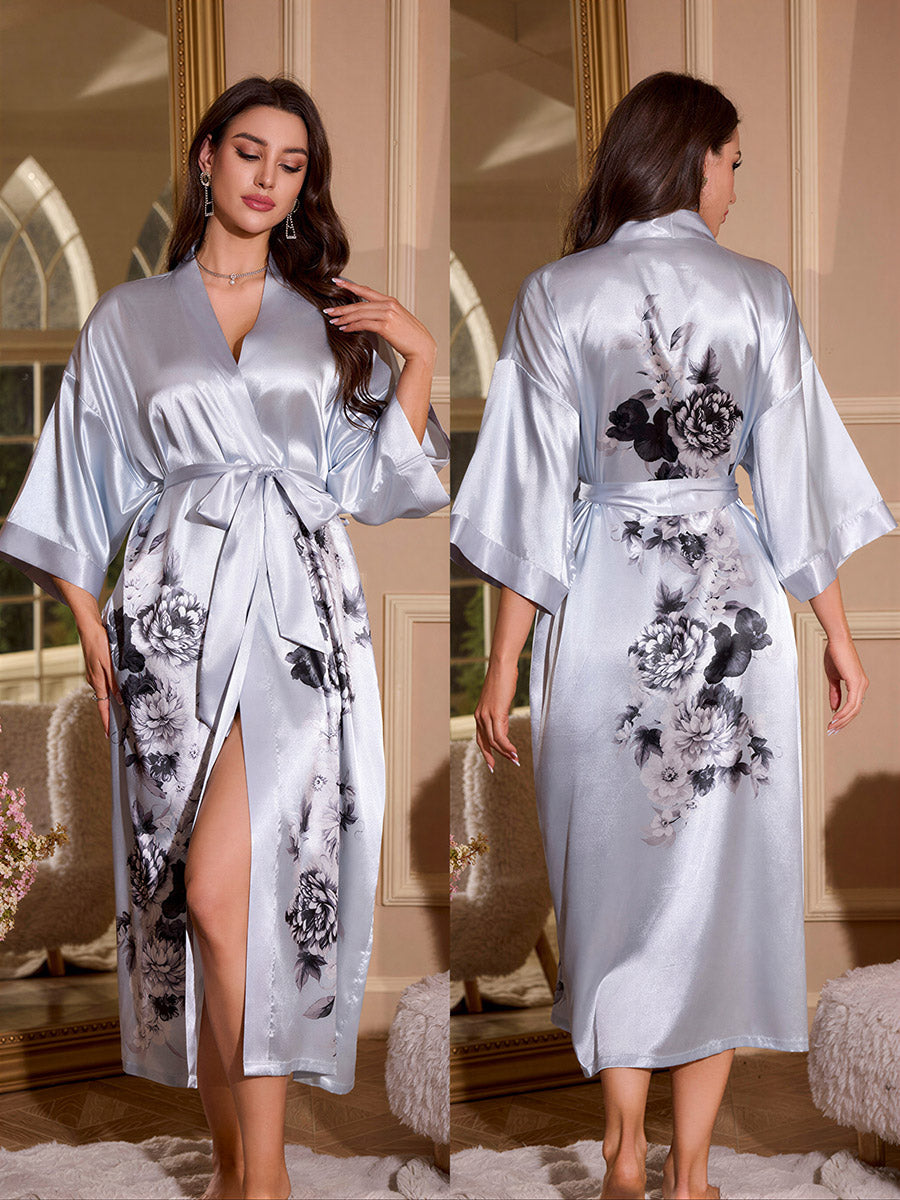 Ice Blue Ink Peony Satin Kimono Robe