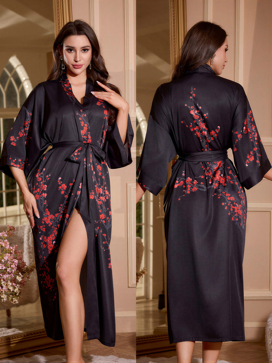 Plum Blossom Satin Kimono Robe