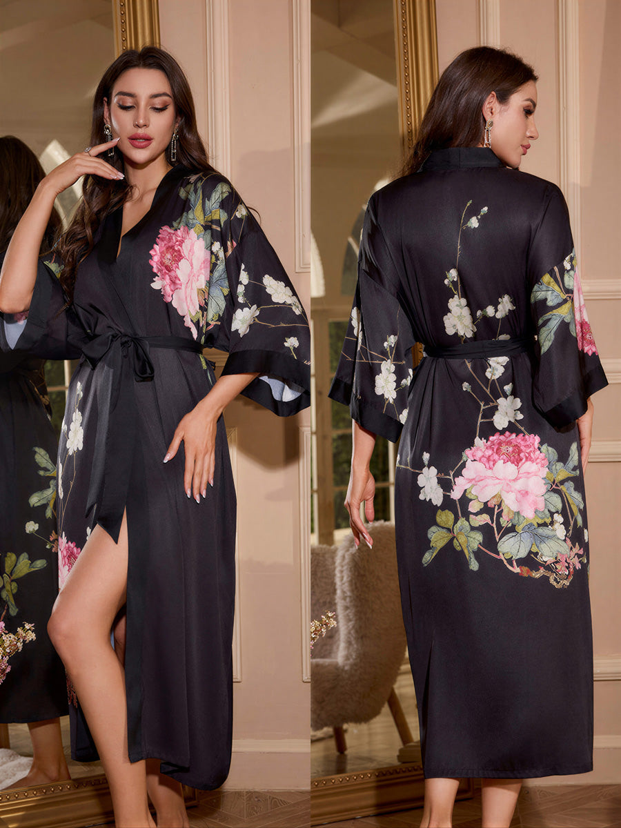 Peony Print Satin Kimono Robe