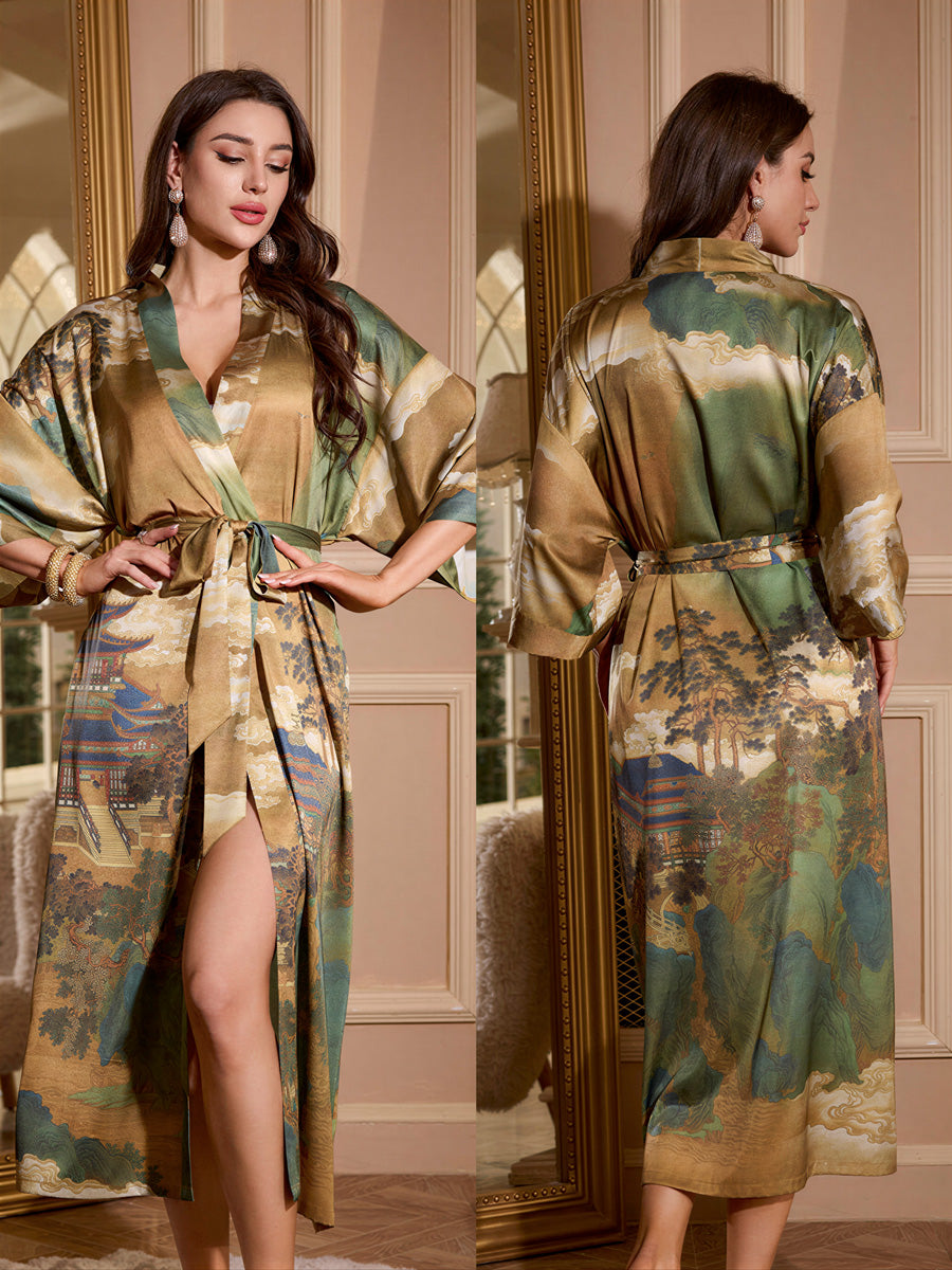 Ancient Landscape Satin Kimono Robe