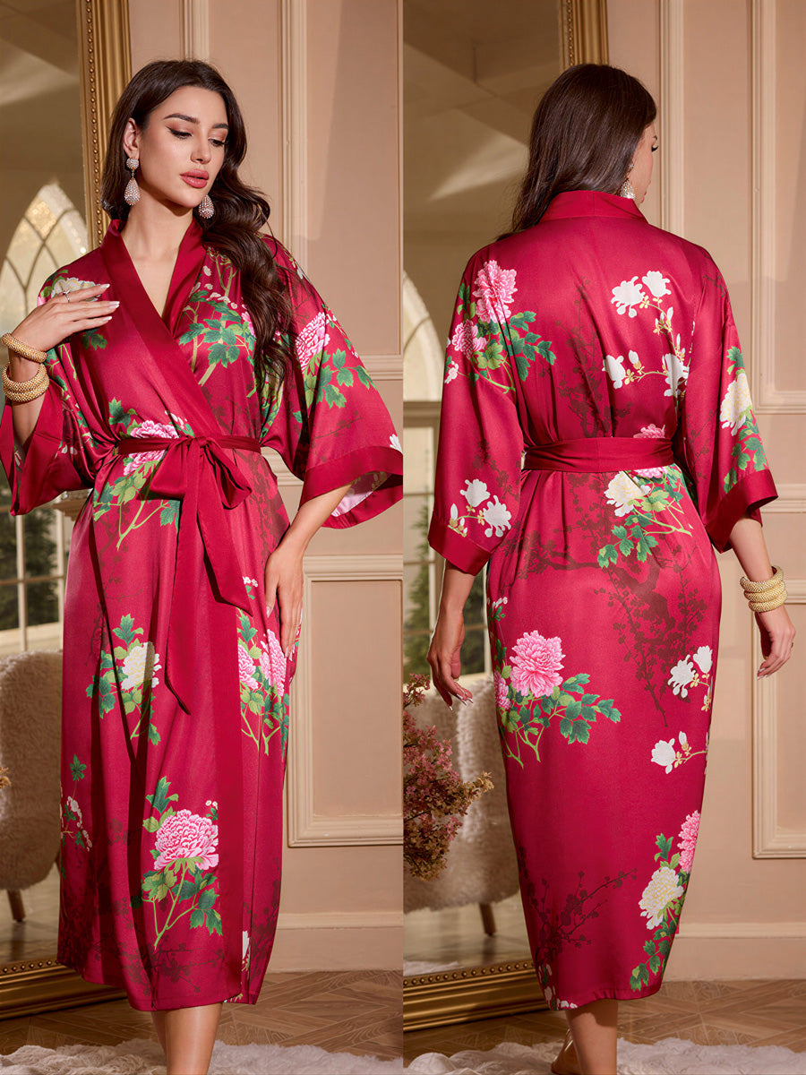 Red Peony Satin Kimono Robe