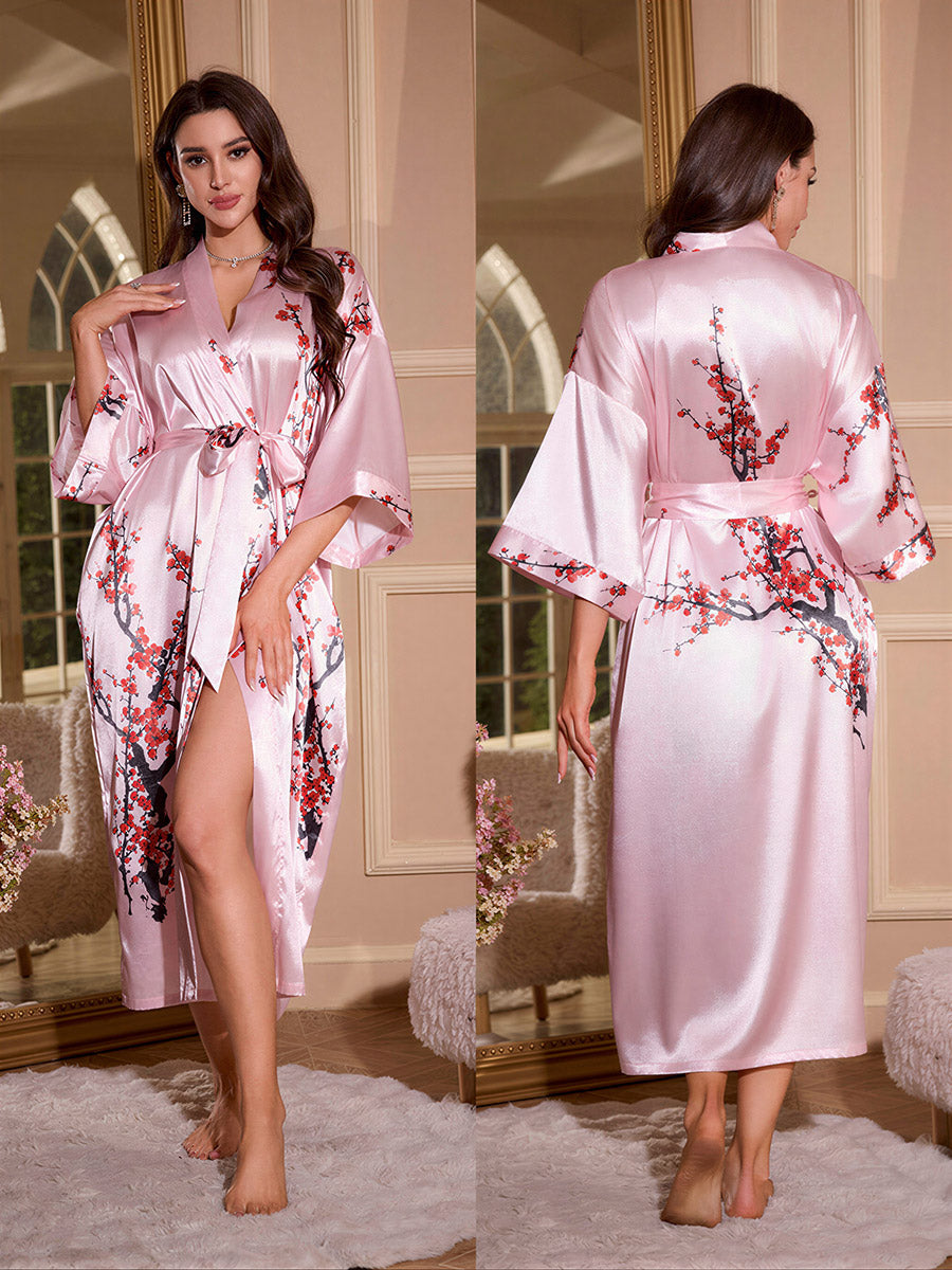 Pink Plum Blossom Silky Kimono Robe