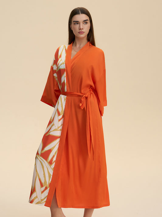 Colorblock Floral Satin Kimono Robe