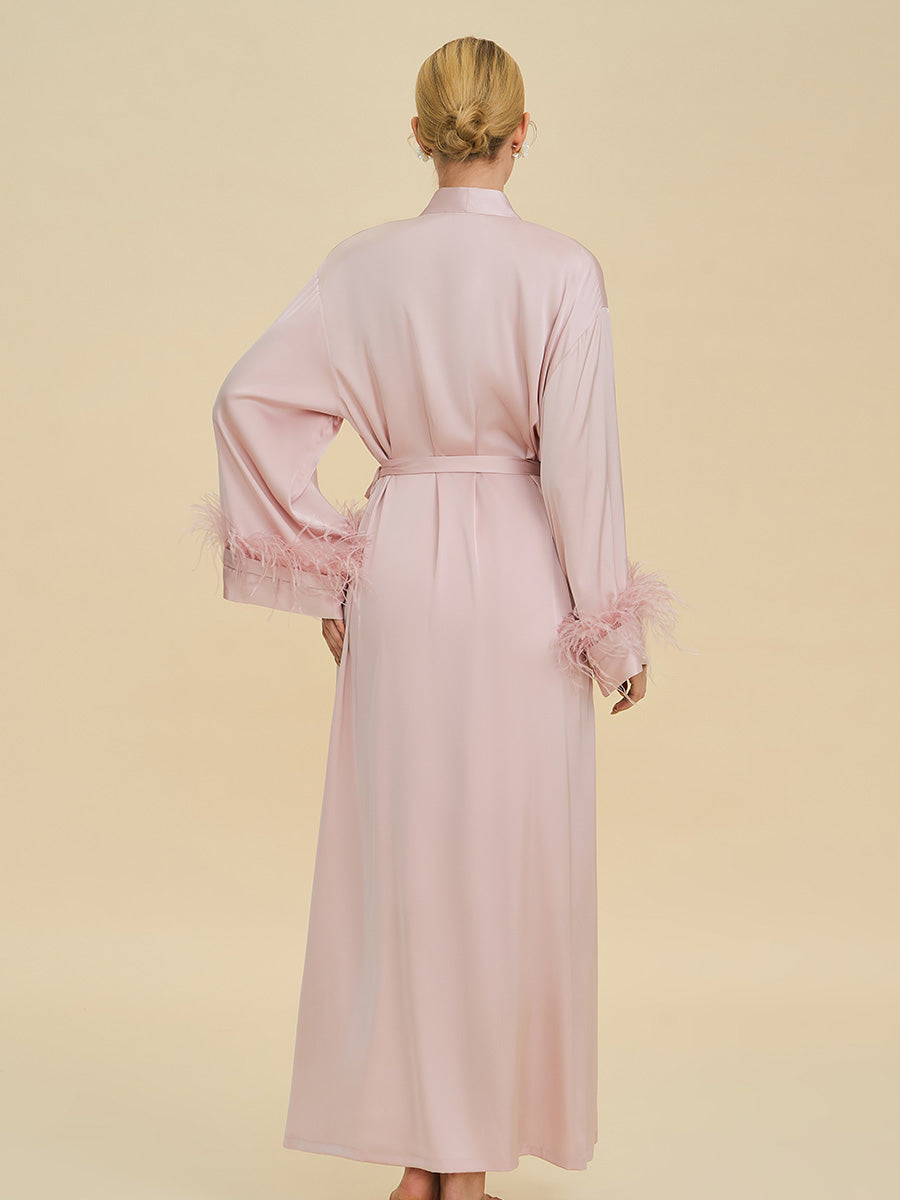 Blush Pink Satin Maxi Robe with Feather Cuffs