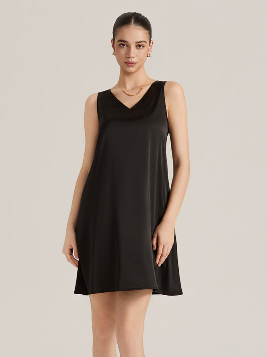 Black Satin Sleeveless Shift Dress