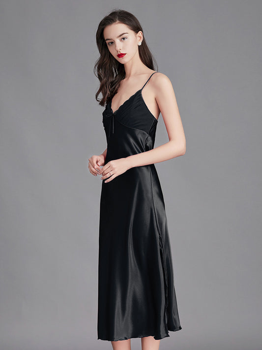 Black Silky Lace Trim Slip Dress