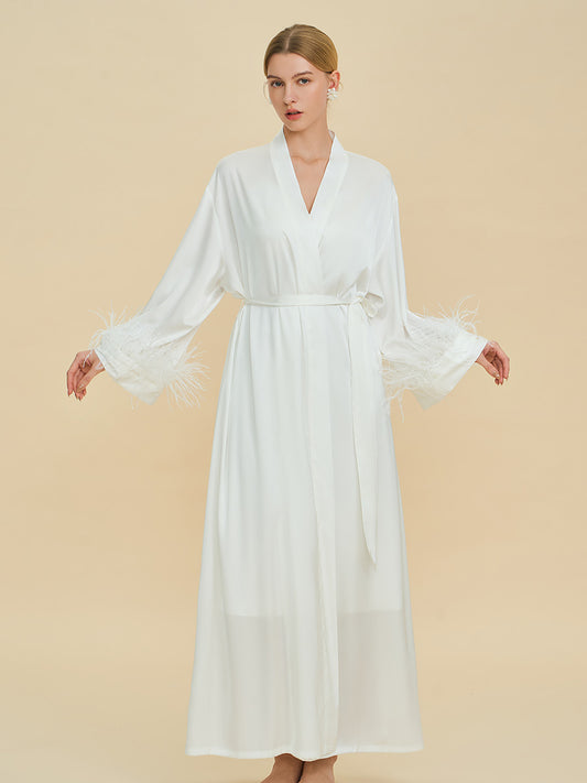 White Satin Maxi Robe with Feather Cuffs
