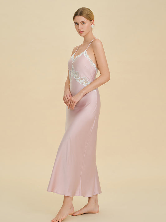 Blush Pink Satin Maxi Slip Dress with Lace Trim