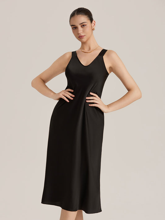Satin Chiffon V-Neck Midi Slip Dress
