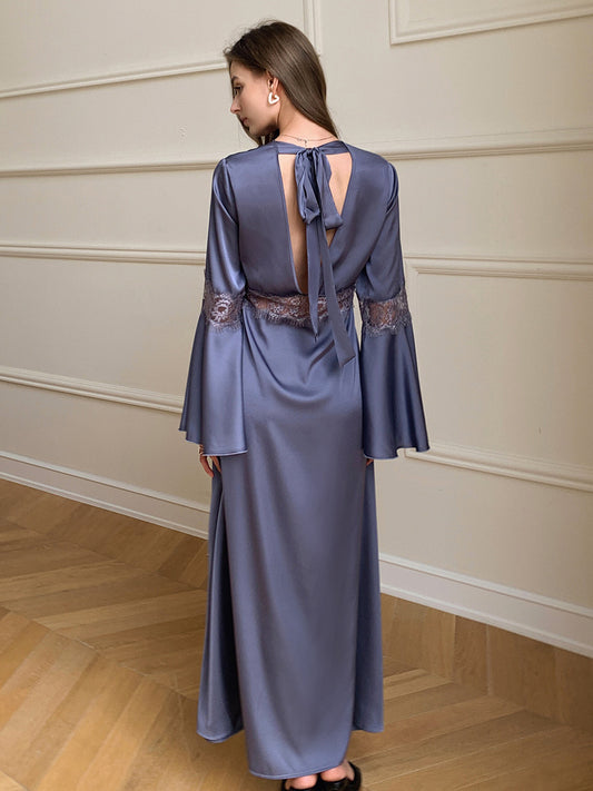 Dusty Blue Satin Chiffon Maxi Robe
