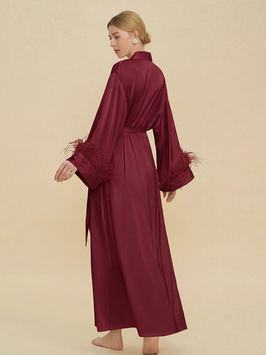 Burgundy Satin Maxi Robe with Feather Cuffs