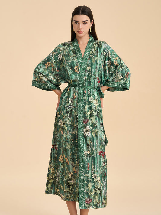 Botanical Print Satin Kimono Robe
