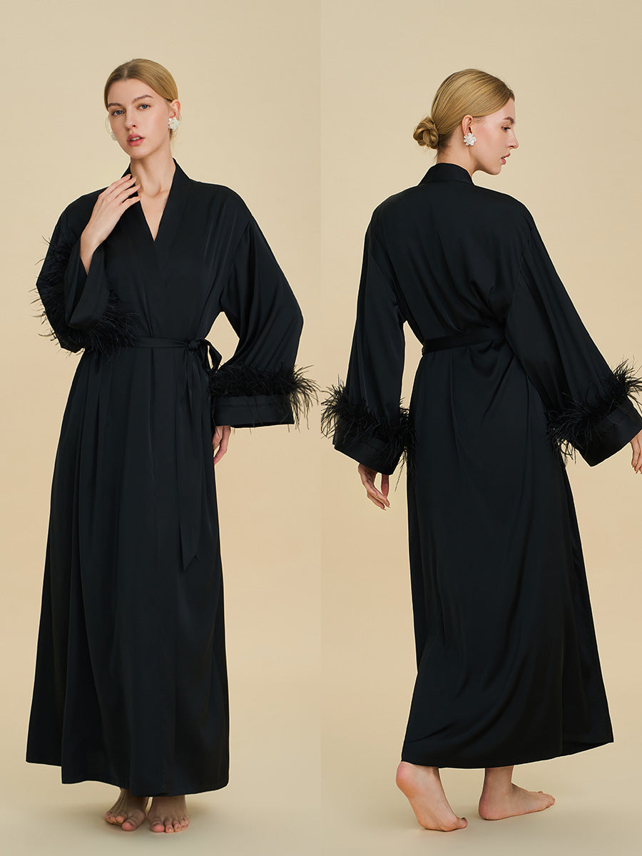 Black Satin Maxi Robe with Feather Cuffs