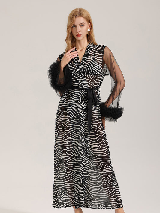 Zebra Print Satin Robe with Tulle Cuffs