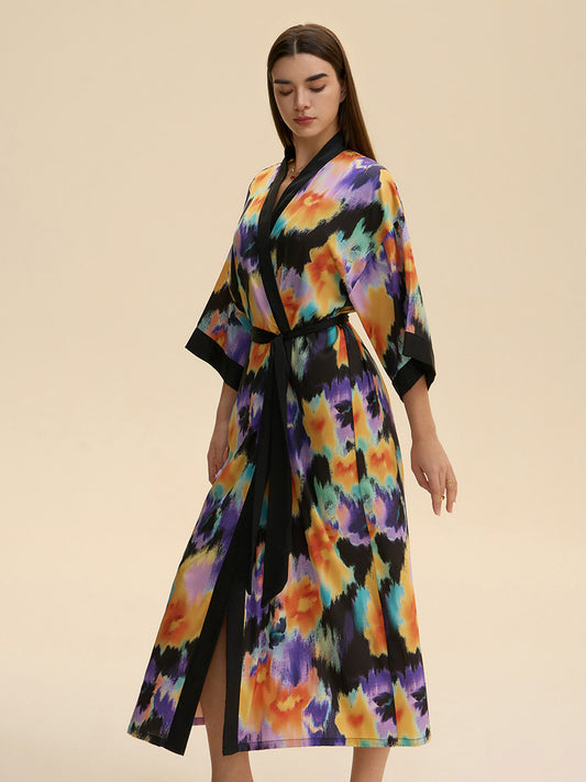Tie-Dye Floral Satin Kimono Robe