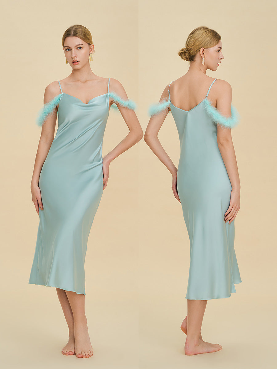 Light Blue Satin Midi Slip Dress with Feather Trim