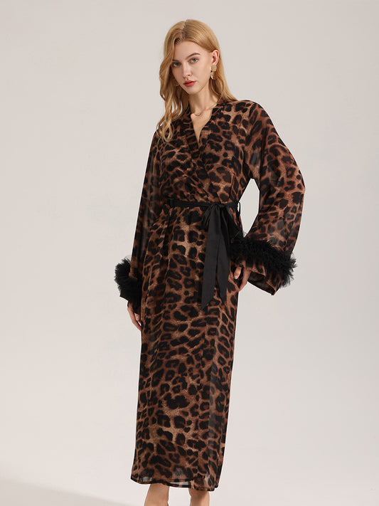 Leopard Print Satin Robe with Tulle Cuffs