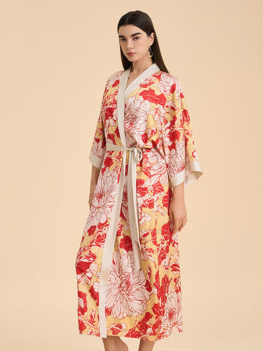 Deconstructed Peony Satin Kimono Robe