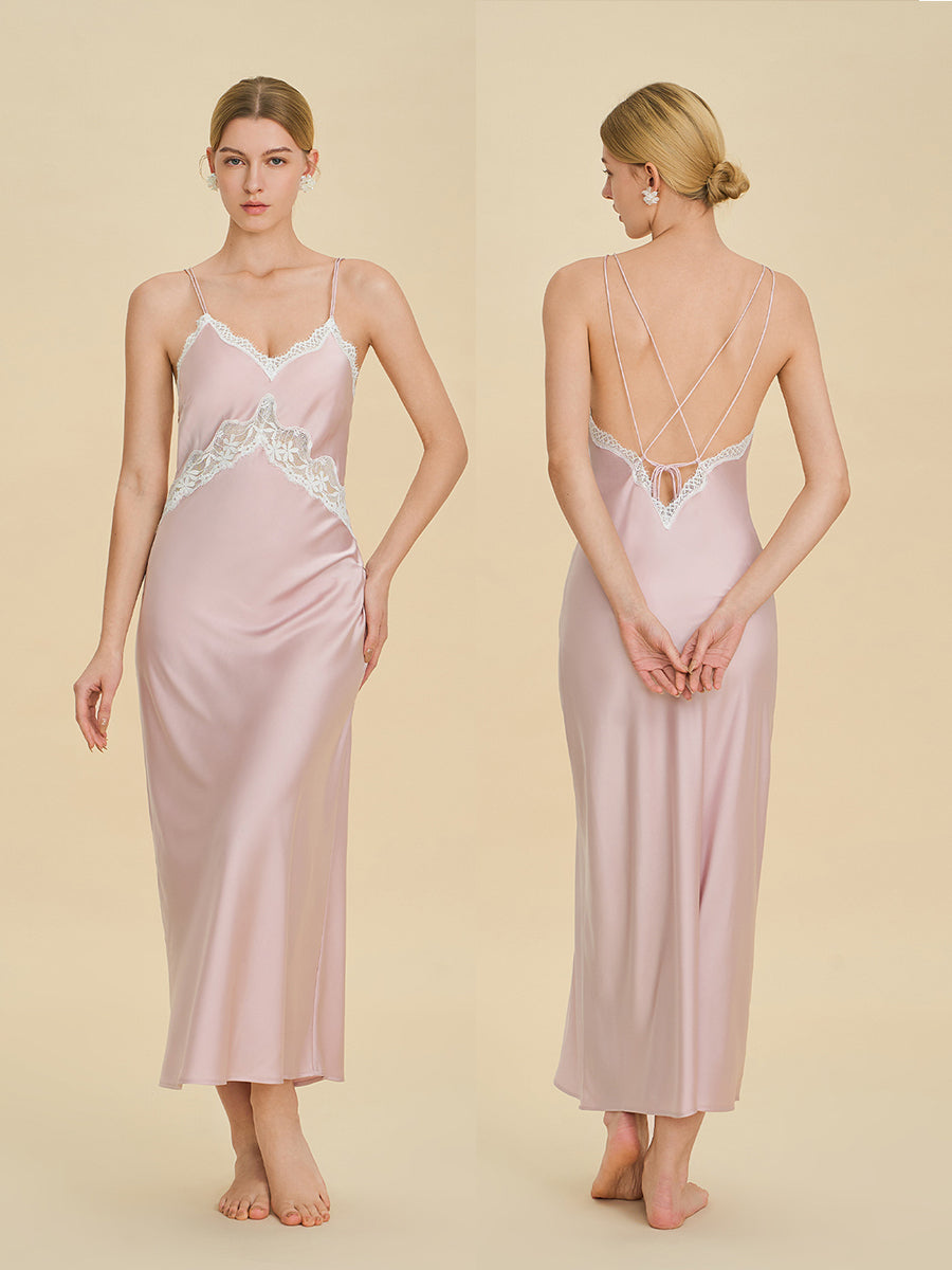 Blush Pink Satin Maxi Slip Dress with Lace Trim