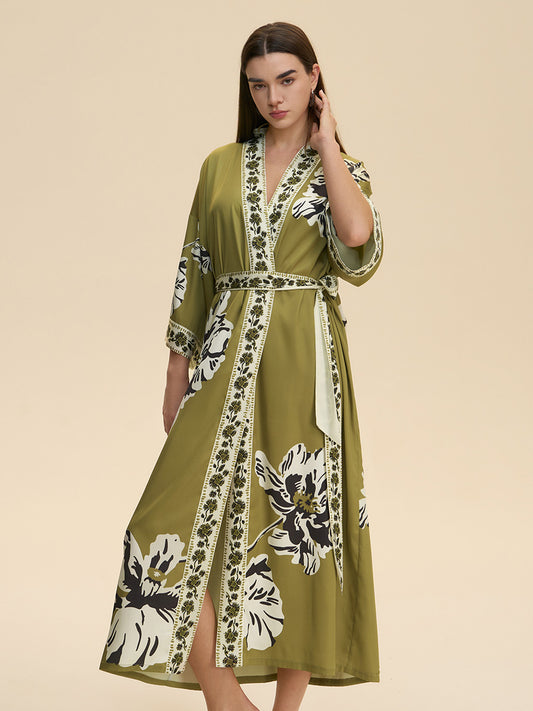 Olive Green Floral Satin Kimono Robe