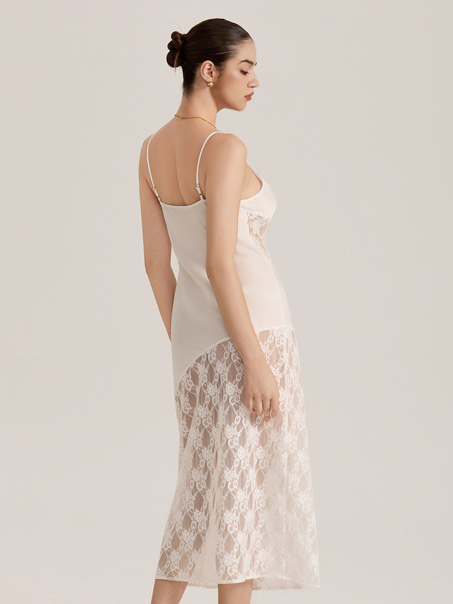 Ivory Lace Panel Satin Midi Slip Dress