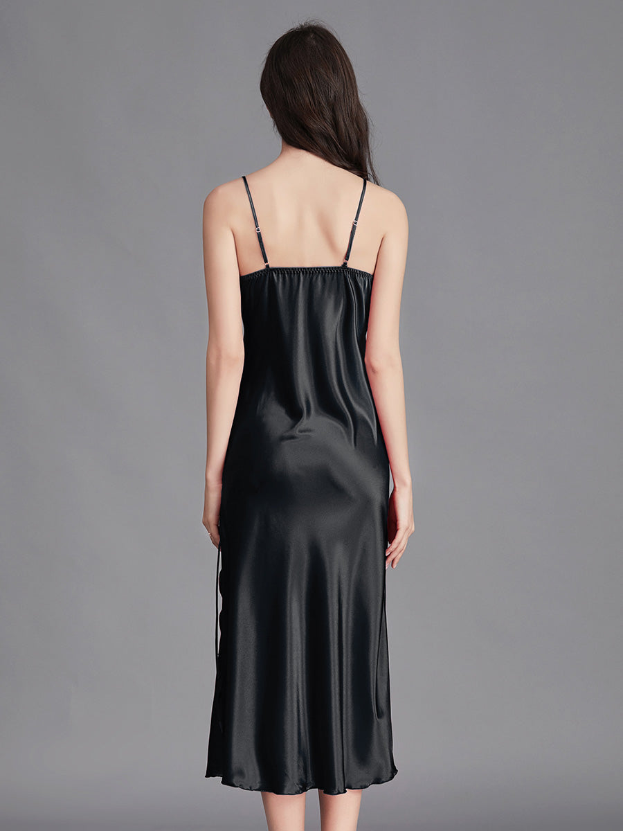 Black Silky Lace Trim Slip Dress