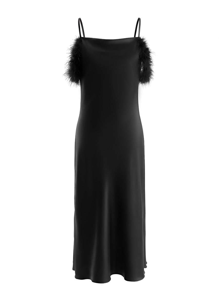 Black Satin Midi Slip Dress with Feather Trim