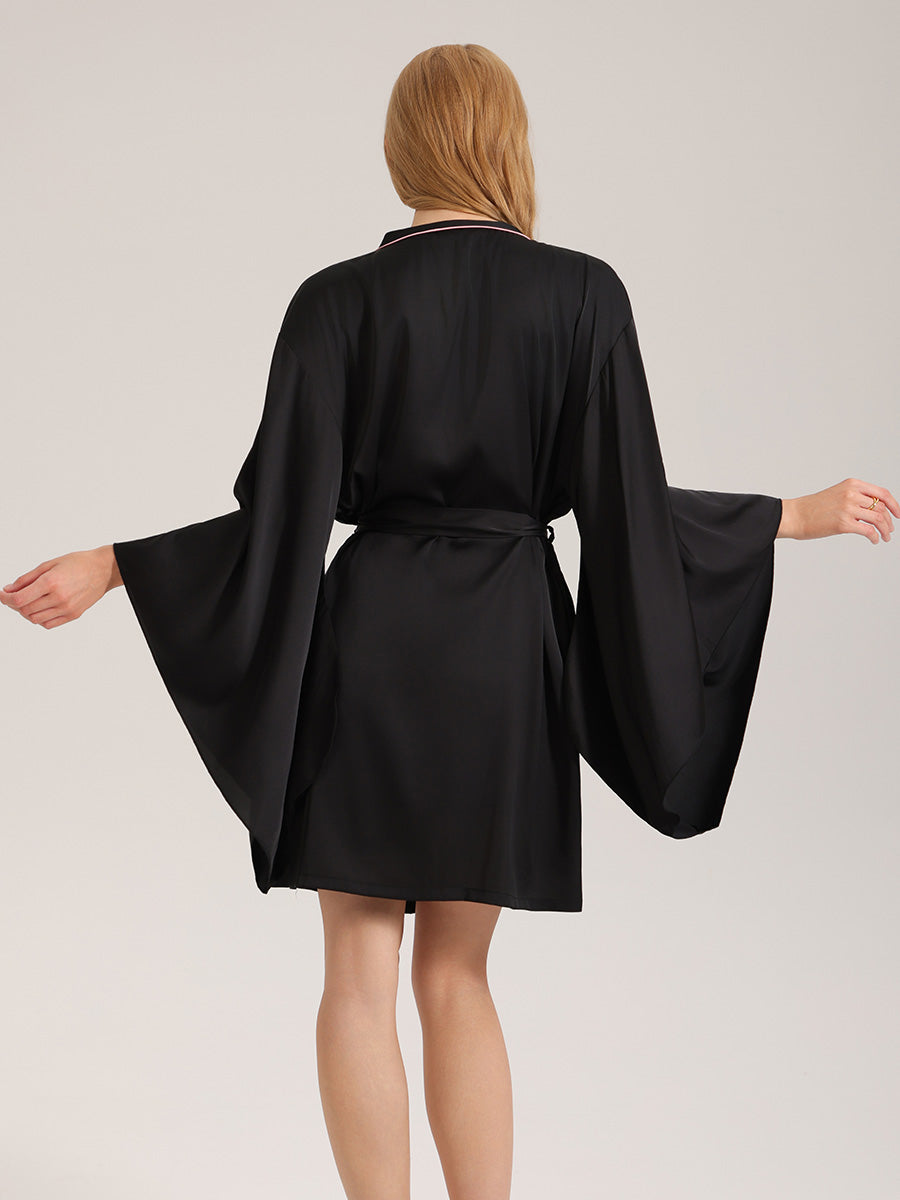 Black Satin Robe with Pink Piping