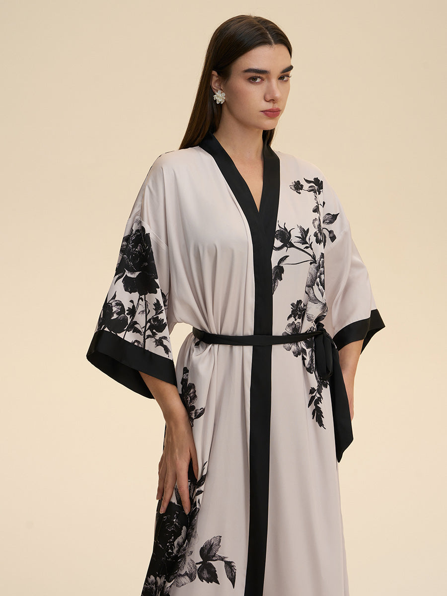 Monochrome Floral Satin Kimono Robe