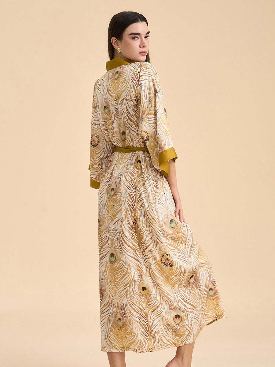 Peacock Feather Satin Kimono Robe