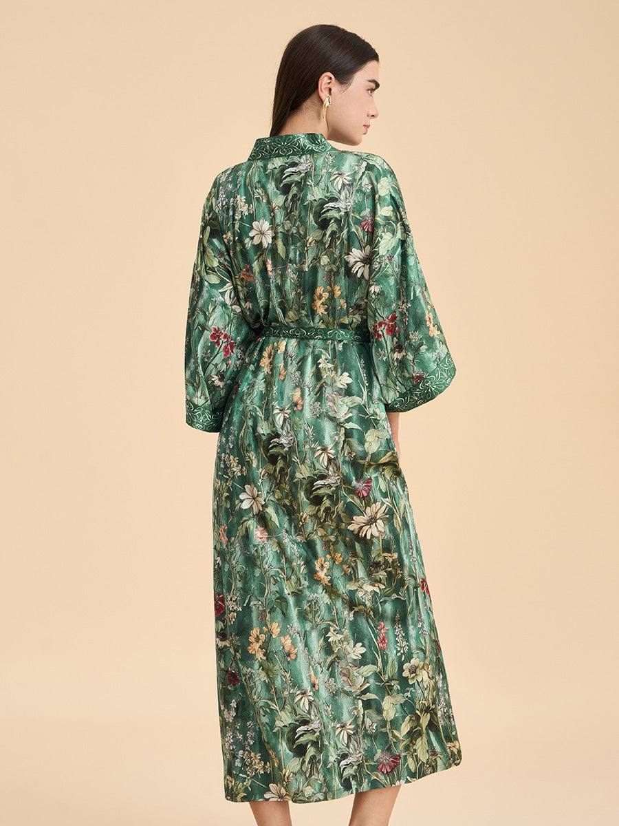 Botanical Print Satin Kimono Robe