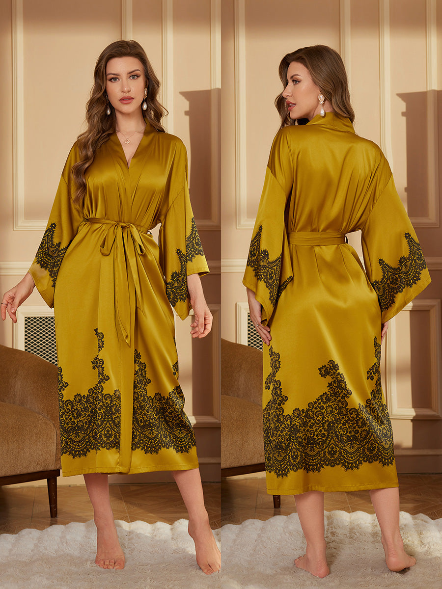 Gold Lace Satin Kimono Robe