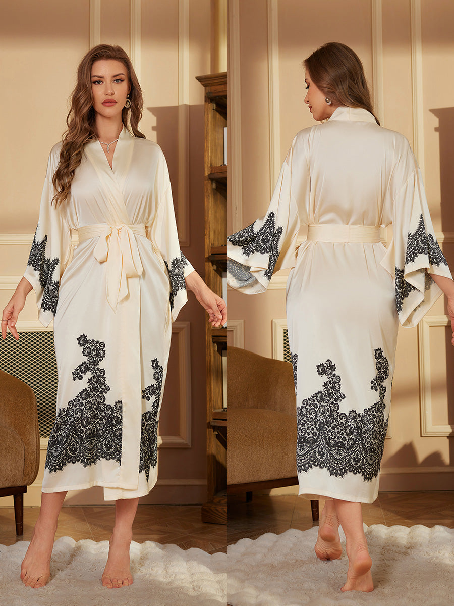 Cream Lace Satin Kimono Robe