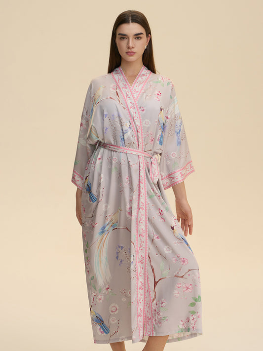 Pastel Bird & Floral Satin Kimono Robe