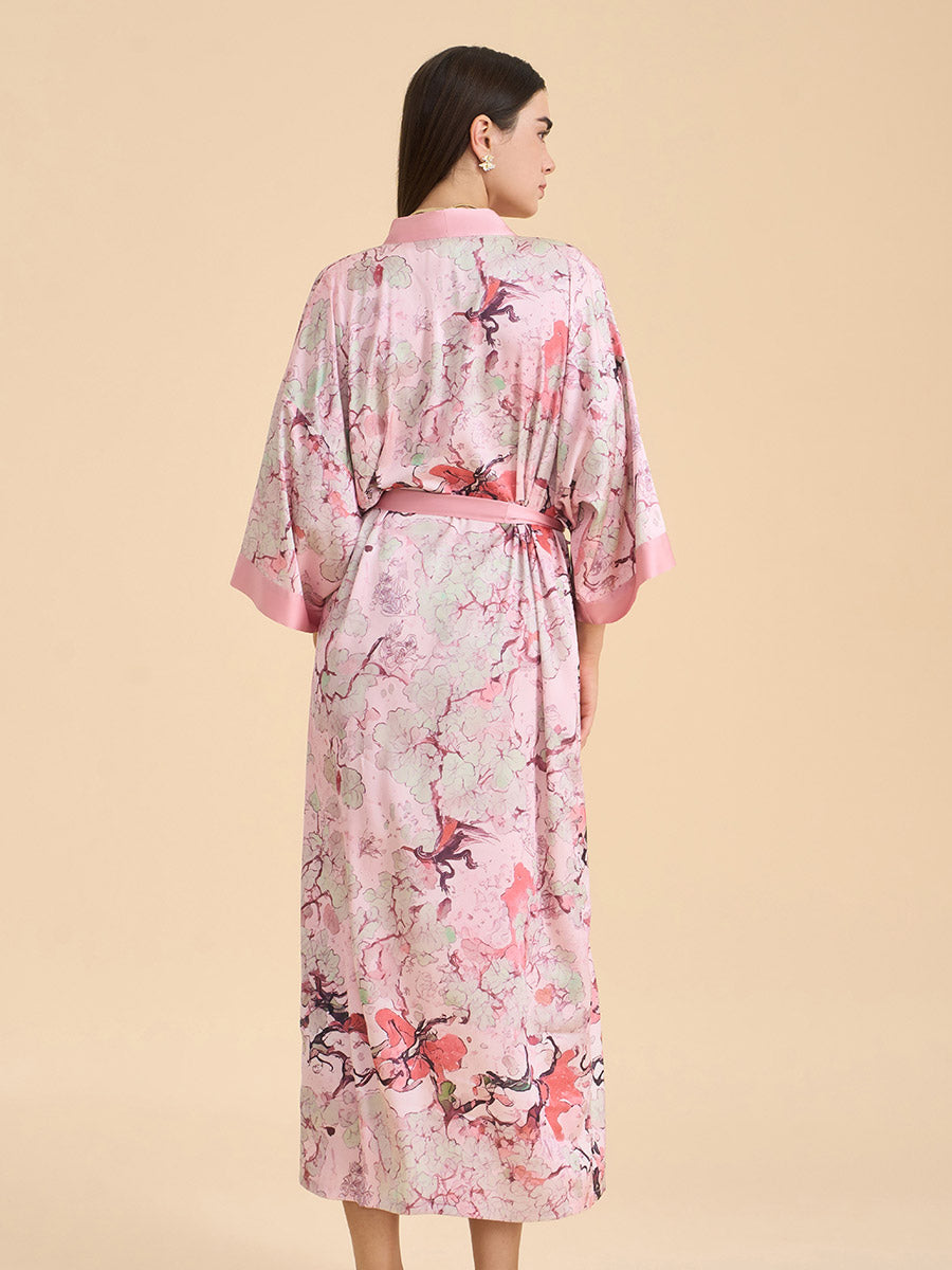 Pink Oriental Vine Satin Kimono Robe