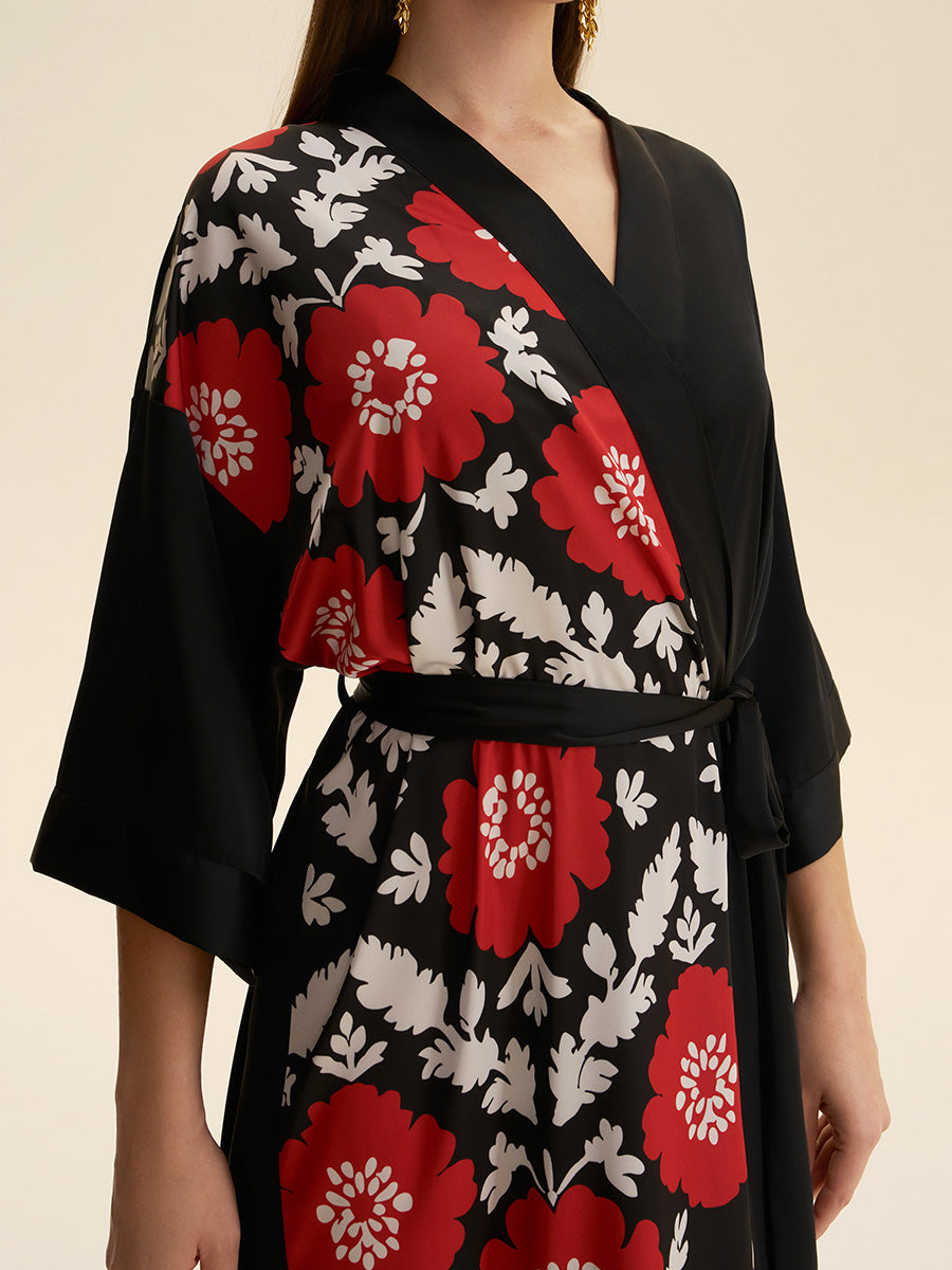 Bold Floral Colorblock Satin Kimono Robe