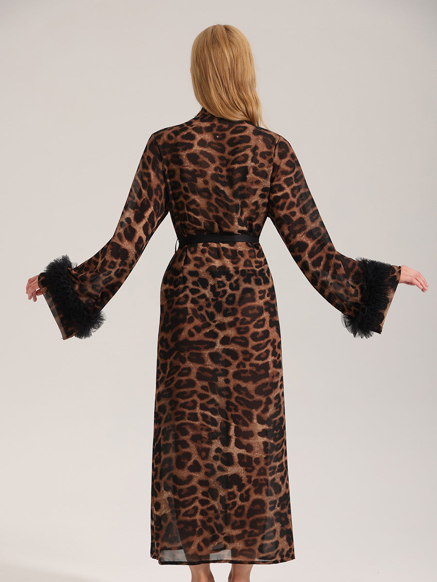 Leopard Print Satin Robe with Tulle Cuffs