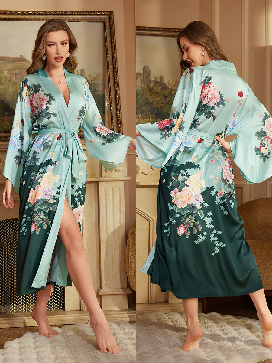 Gradient Peony Satin Kimono Robe