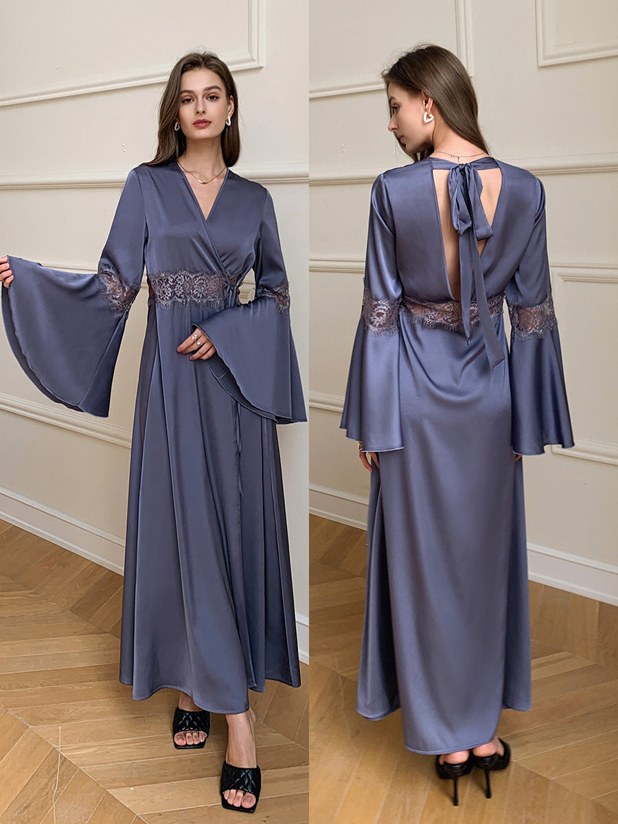 Dusty Blue Satin Chiffon Maxi Robe