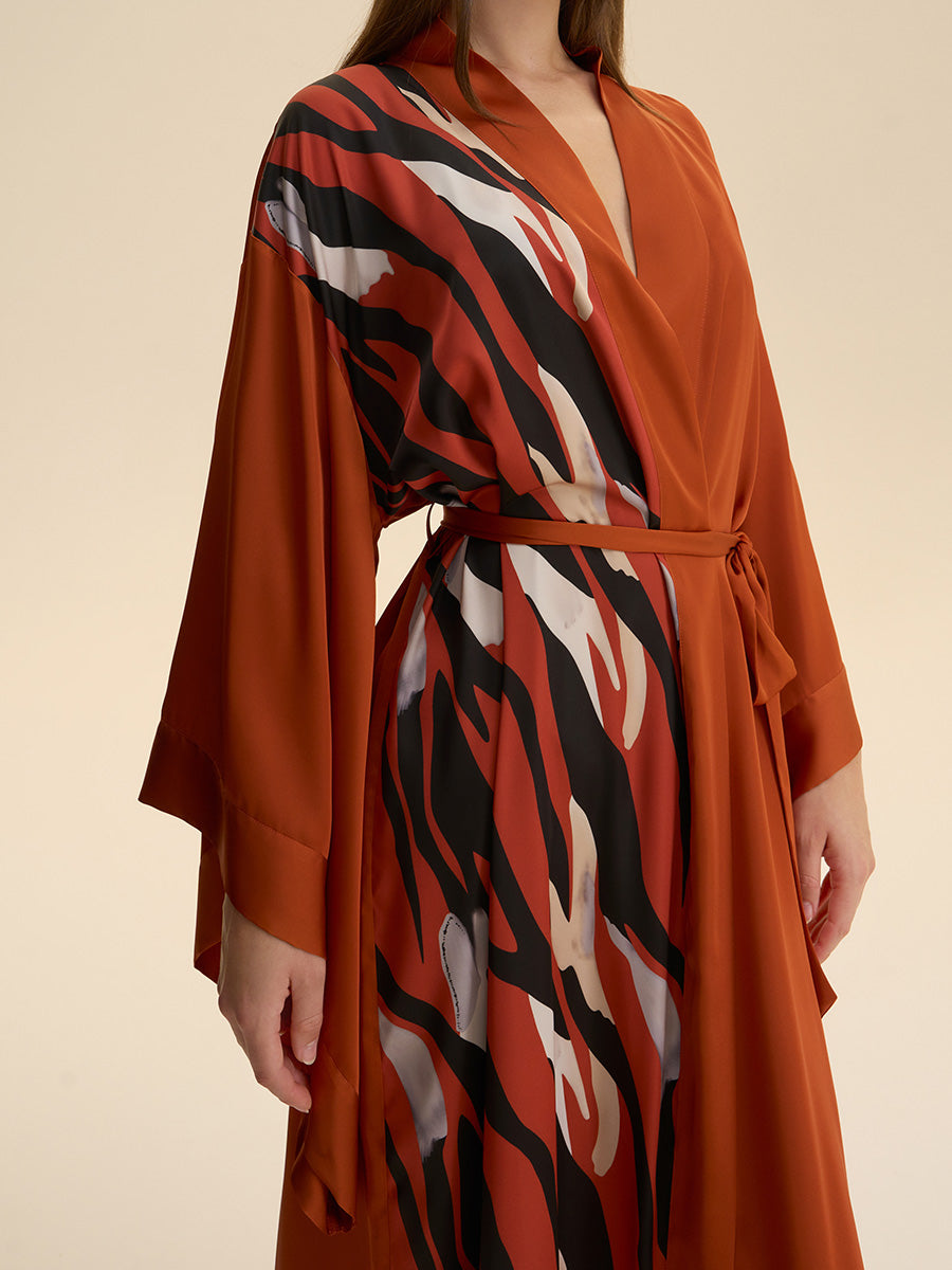 Rust Abstract Stripe Print Satin Kimono Robe