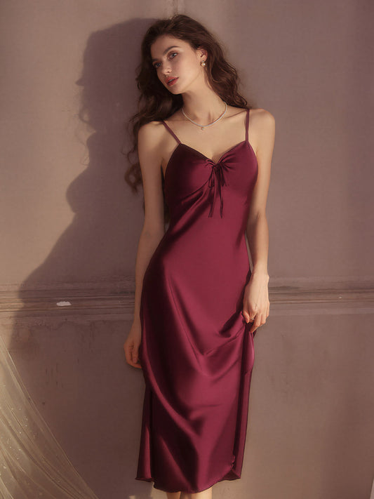 Burgundy Satin Midi Slip Dress