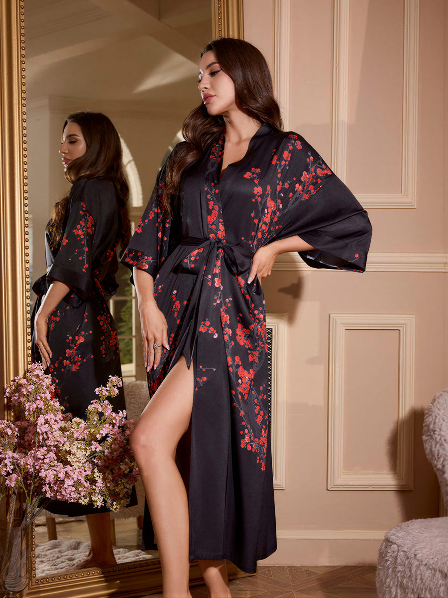Plum Blossom Satin Kimono Robe