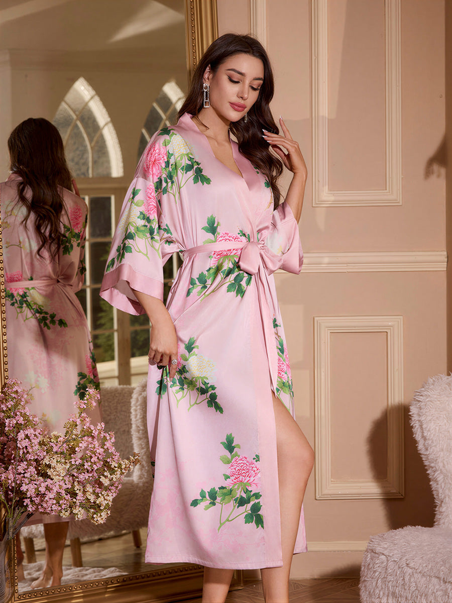 Pink Peony Satin Kimono Robe