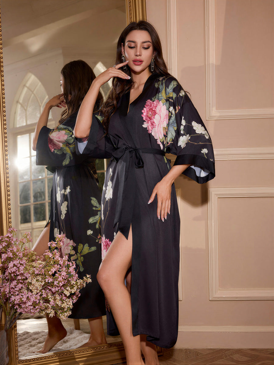 Peony Print Satin Kimono Robe