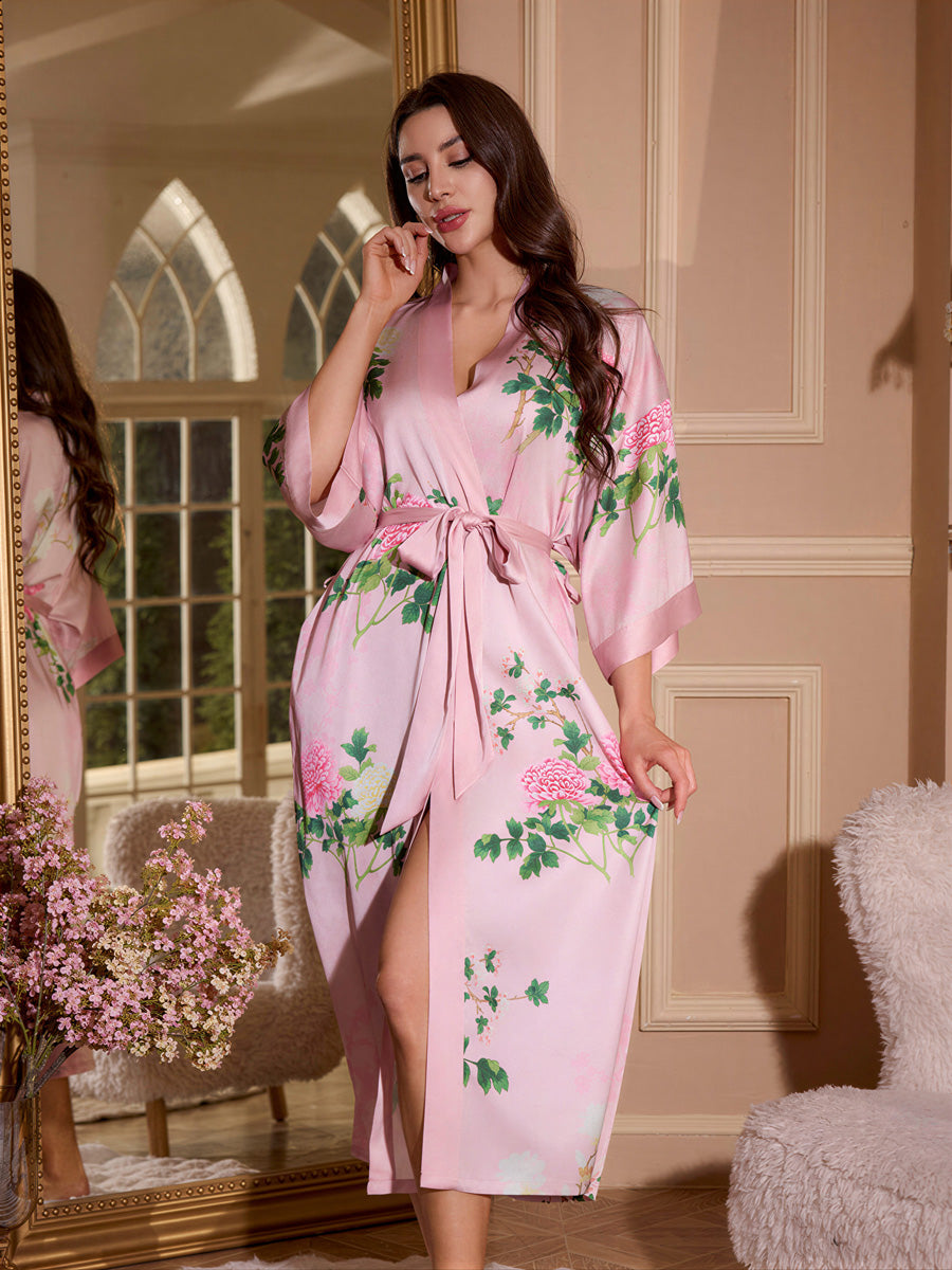Pink Peony Satin Kimono Robe