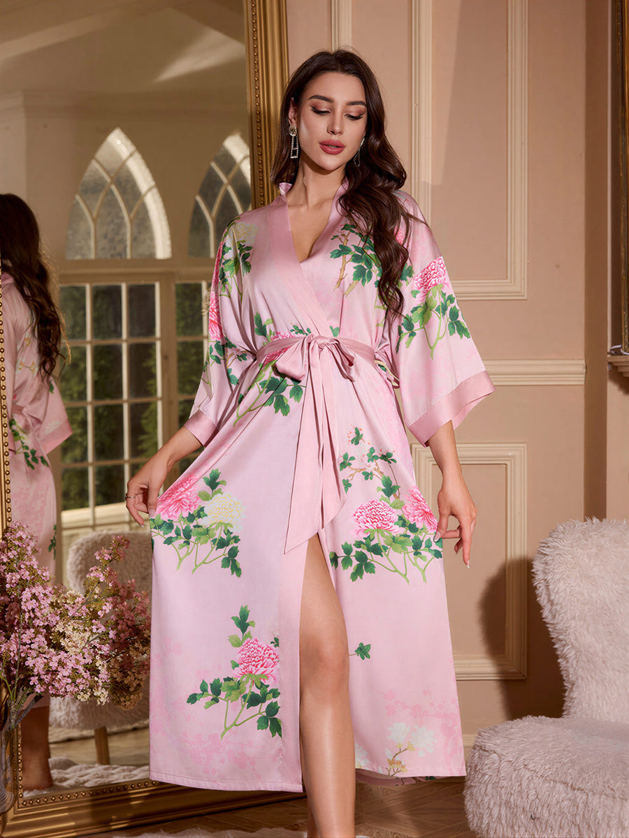 Pink Peony Satin Kimono Robe
