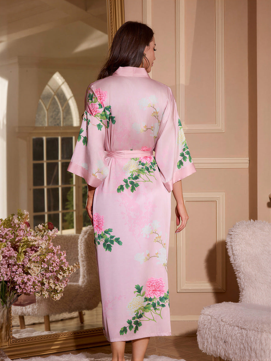 Pink Peony Satin Kimono Robe