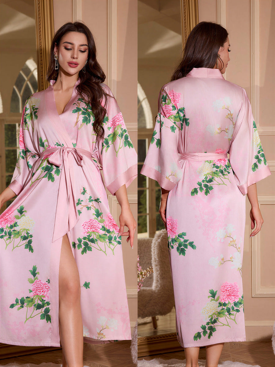 Pink Peony Satin Kimono Robe