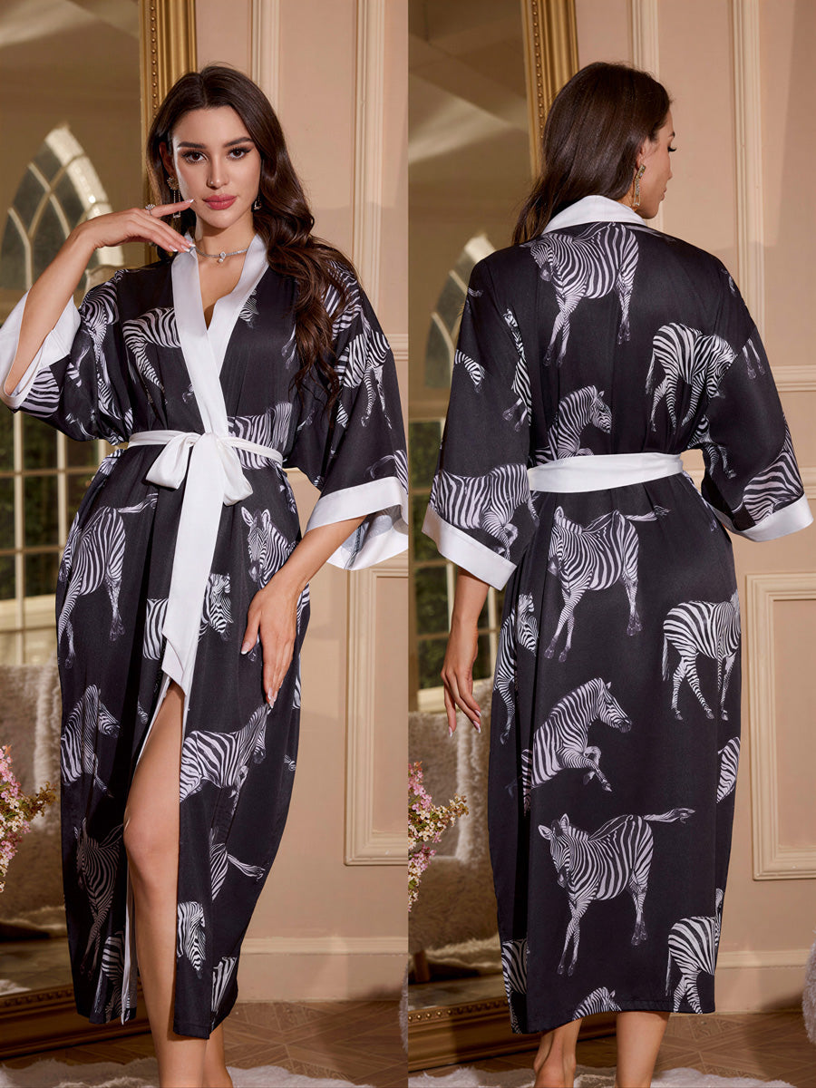 Zebra Print Satin Kimono Robe